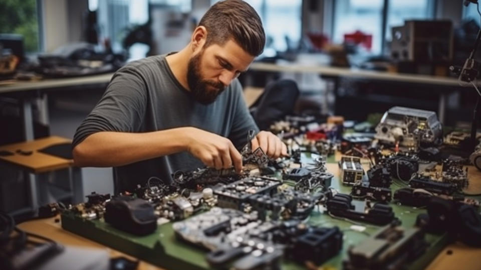 A worker assembling an electronic toy in a factory.