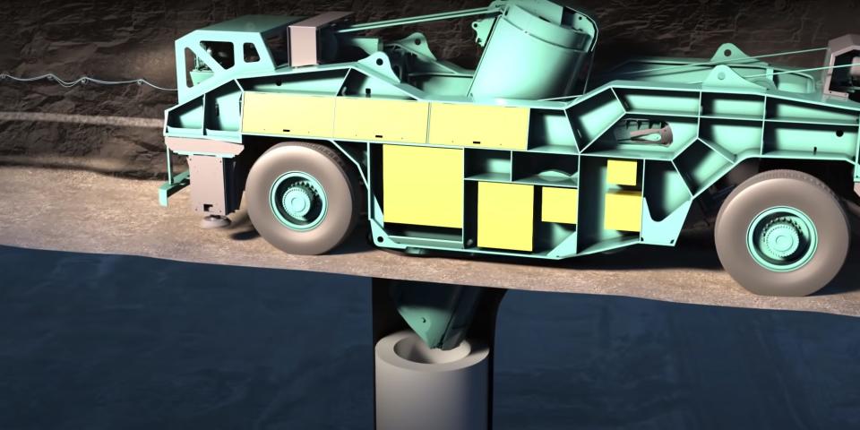 A still from an animation shows the machine depositing the canister in the deposition tunnel in Onkalo.