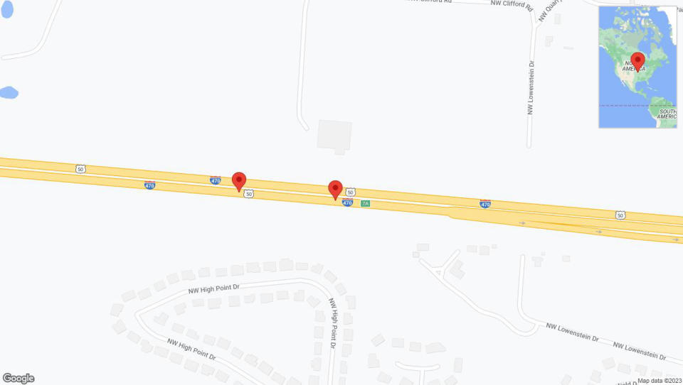 A detailed map that shows the affected road due to 'Broken down vehicle on eastbound I-470 in Lee's Summit' on December 28th at 3:16 p.m.