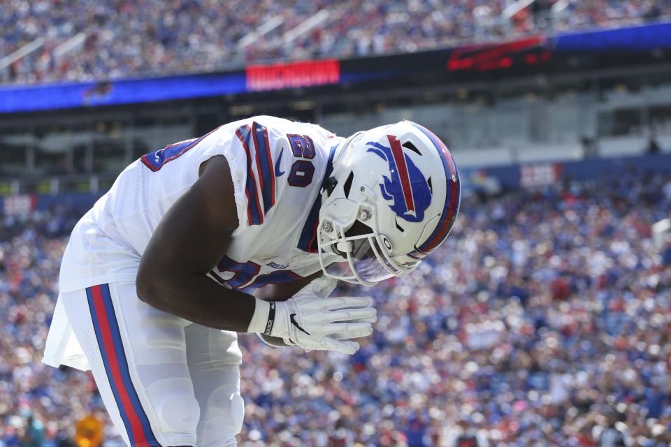 Buffalo Bills' Zack Moss celebrates after scoring a touchdown during the first half of a preseason NFL football game against the Denver Broncos, Saturday, Aug. 20, 2022, in Orchard Park, N.Y. (AP Photo/Joshua Bessex)