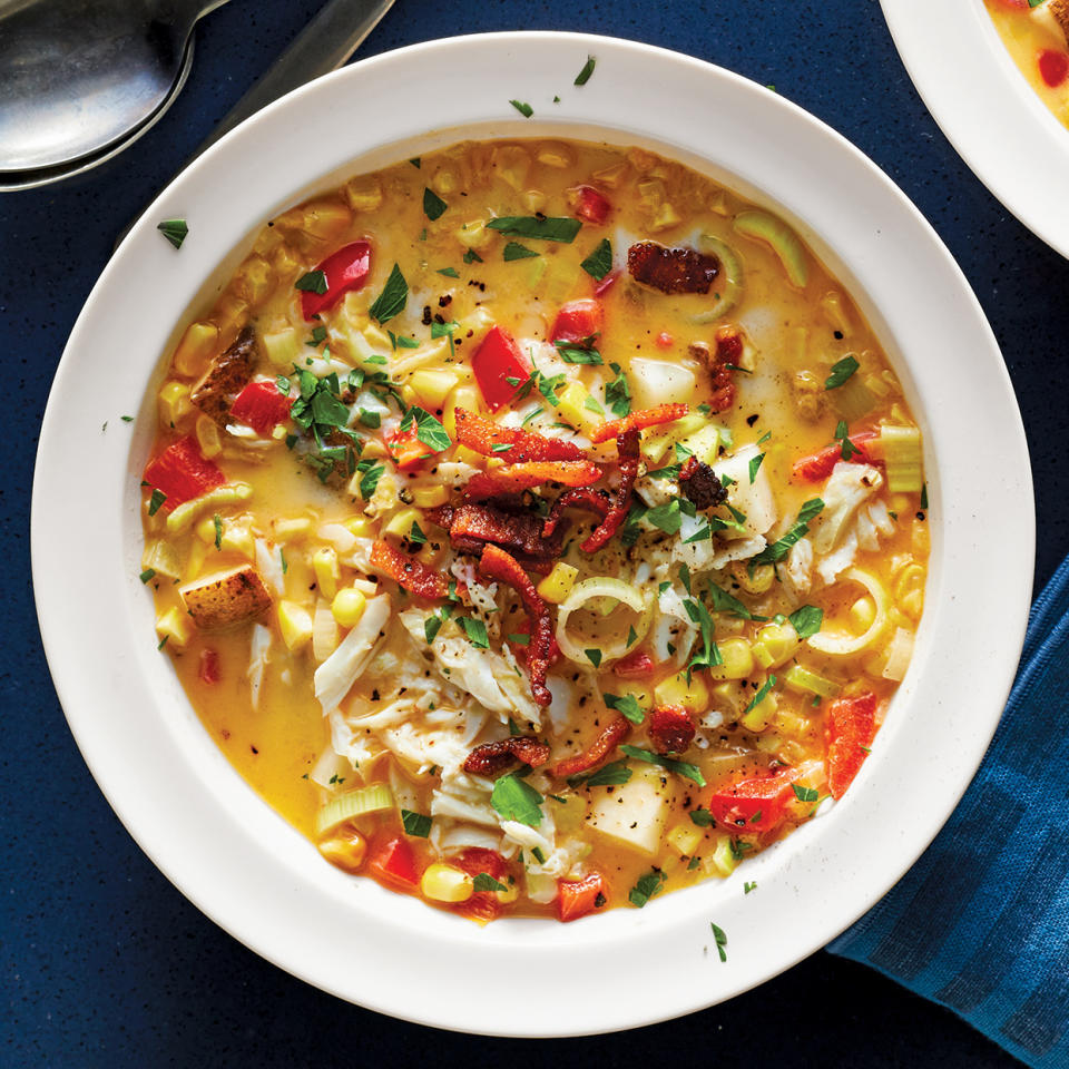 <p>Sweet corn and tender lump crabmeat go together wonderfully to make this rich, hearty chowder. This colorful, quick and easy Instant Pot soup makes a great starter for a summertime meal. <a href="https://www.eatingwell.com/recipe/278417/instant-pot-summer-corn-crab-chowder/" rel="nofollow noopener" target="_blank" data-ylk="slk:View Recipe;elm:context_link;itc:0" class="link ">View Recipe</a></p>