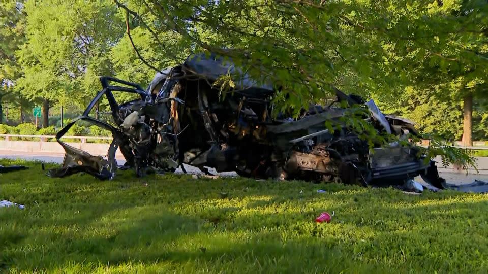 The wreckage of an SUV that crashed into the bus. - WBBM