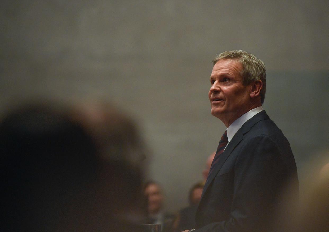 Gov. Bill Lee arrives to deliver his State of the State address to the Tennessee General Assembly in the House chamber of the Capitol in Nashville, Tenn., Monday, Feb. 5, 2024.