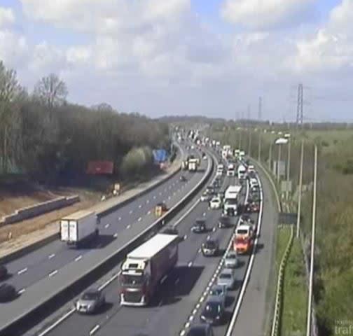 The queue of traffic now approaching the junction to Brentwood on the M25 (Traffic Cameras)