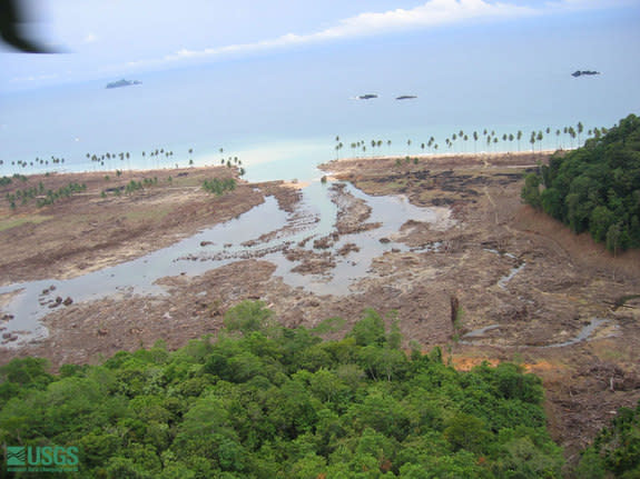 Beach damage between Banda Aceh and Krueng Sabe on Jan. 28, 2005, after a devastating tsunami.