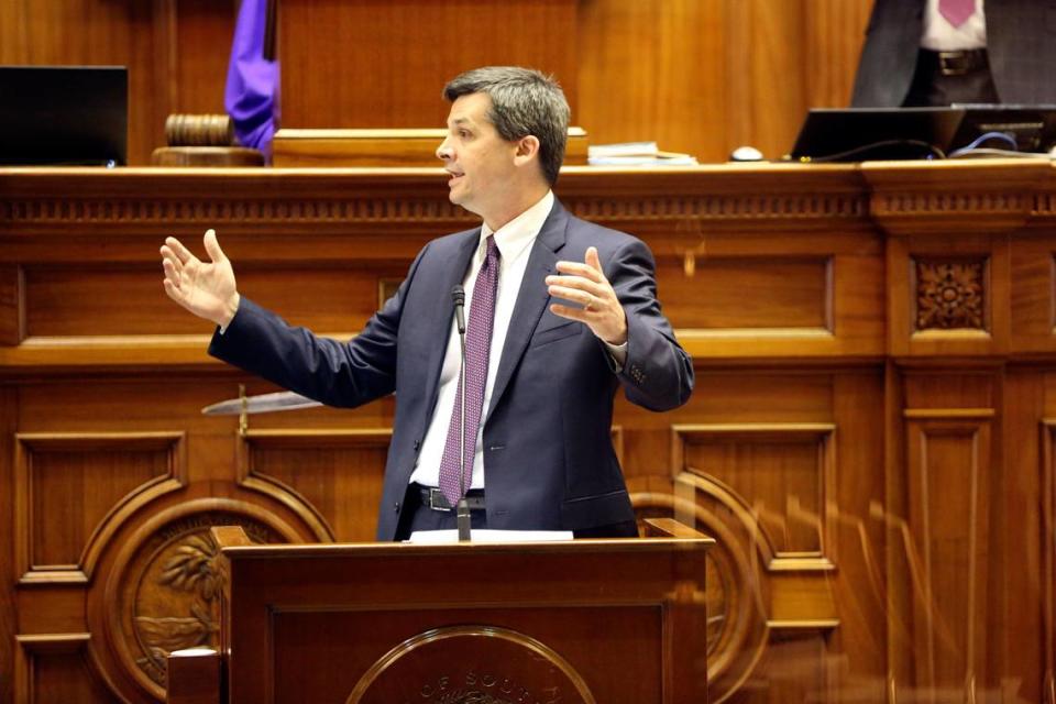 South Carolina Senate Majority Leader Shane Massey, R-Edgefield, asks senators to remove spending projects from the state budget on Wednesday, April 28, 2021, in Columbia, S.C. Senators are debating the state’s roughly $10 billion spending plan. (AP Photo/Jeffrey Collins)