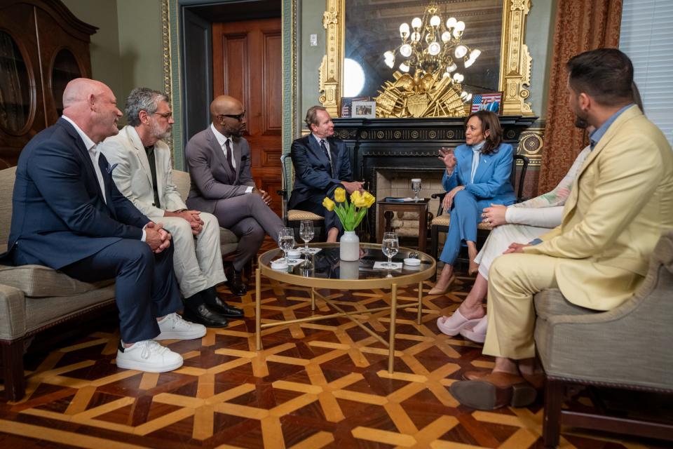Vice President Kamala Harris has a conversation with the cast and creators of "Queer Eye" in the Eisenhower Executive Office Building. From L to R: David Collins, Michael Williams, Karamo Brown, Carson Kressley, Harris, Jonathan Van Ness and Jai Rodriguez.
