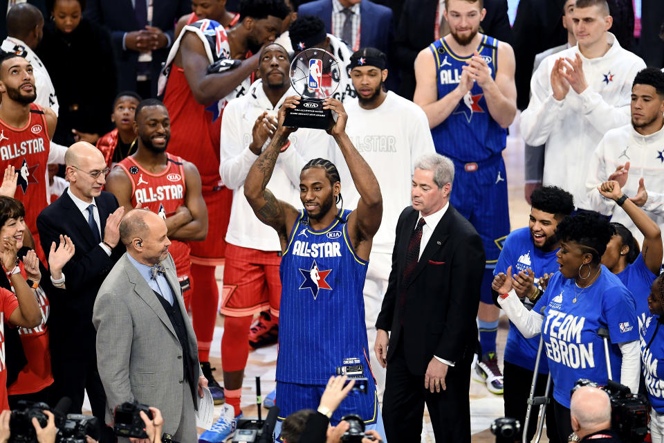 Kawhi Leonard won the first annual Kobe Bryant All-Star Game MVP award. (Stacy Revere/Getty Images)