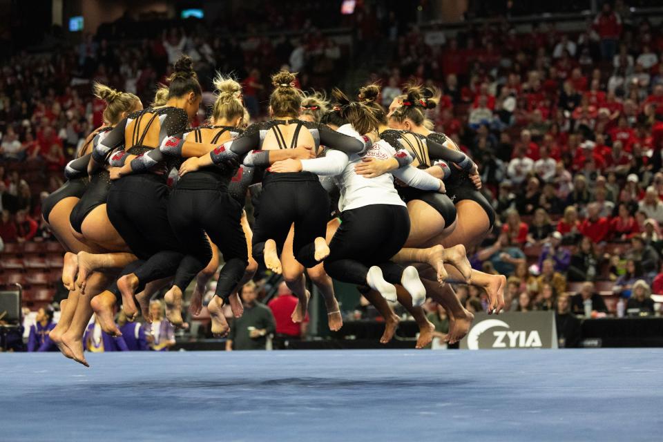 The Utah Utes gymnastics team prepares to compete on floor during the Sprouts Farmers Market Collegiate Quads at Maverik Center in West Valley on Saturday, Jan. 13, 2024.