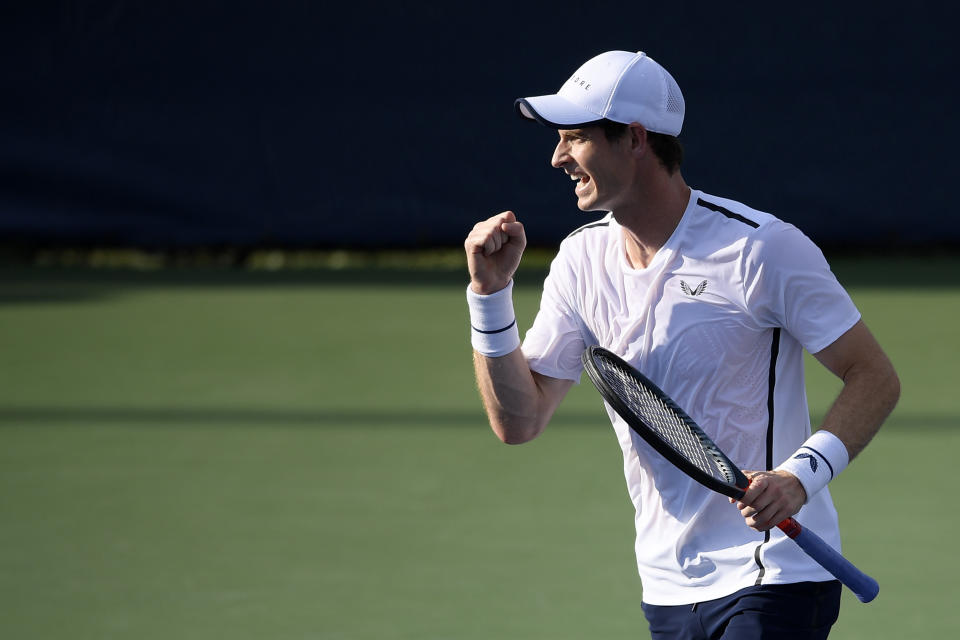 Andy Murray reacts as he and Jamie Murray, both of Britain, played a doubles match in the Citi Open tennis tournament against Raven Klaasen, of South Africa, and Michael Venus, of New Zealand, Friday, Aug. 2, 2019, in Washington. (AP Photo/Nick Wass)