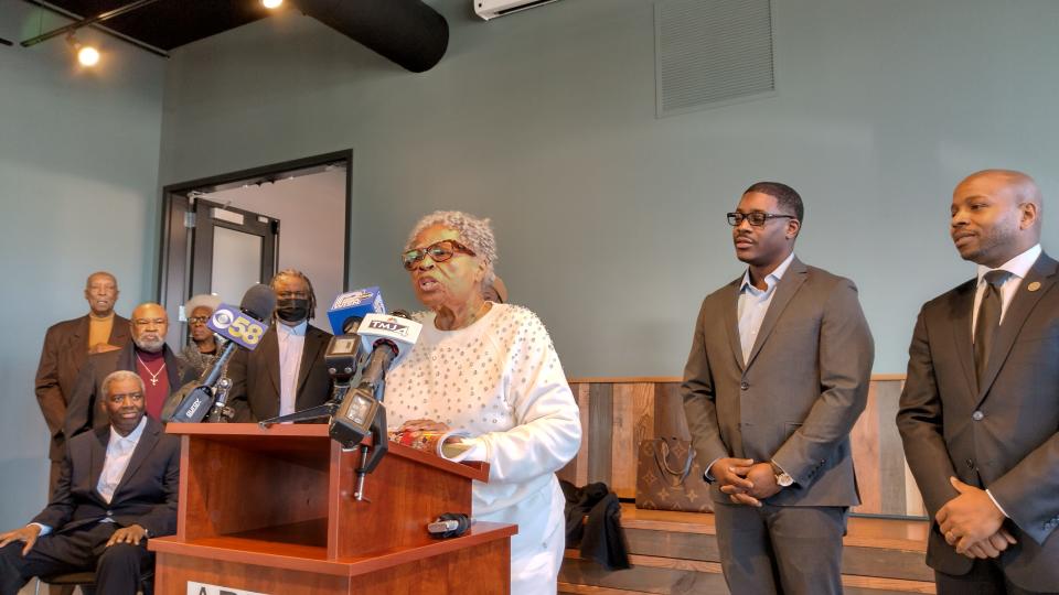 Opal Lee, 96, talks to reporters at America's Black Holocaust Museum on Friday. The woman who is often referred to as the "Grandmother of Juneteenth" is pushing for a statue to be built honoring the Rev. Dr. Ronald Myers in Milwaukee.