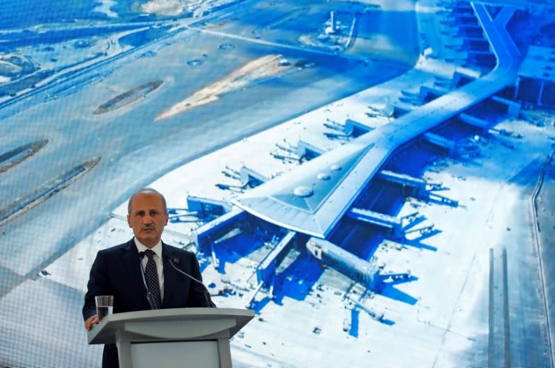 Turkey's Transport and Infrastructure Minister Turhan speaks during a news conference at the construction site of the city's third international airport in Istanbul