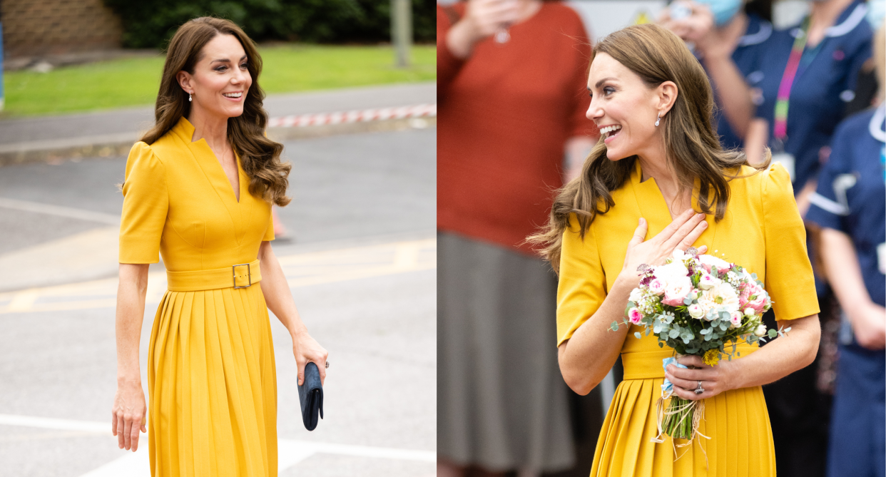 split screen of kate middleton wearing yellow karen millen midi dress while visiting maternity hospital