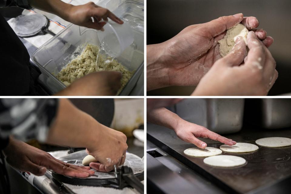 Diana Gomez prepares white corn tortillas using her ancestors' method while prepping for dinner service at the Taco Hernandez food truck.