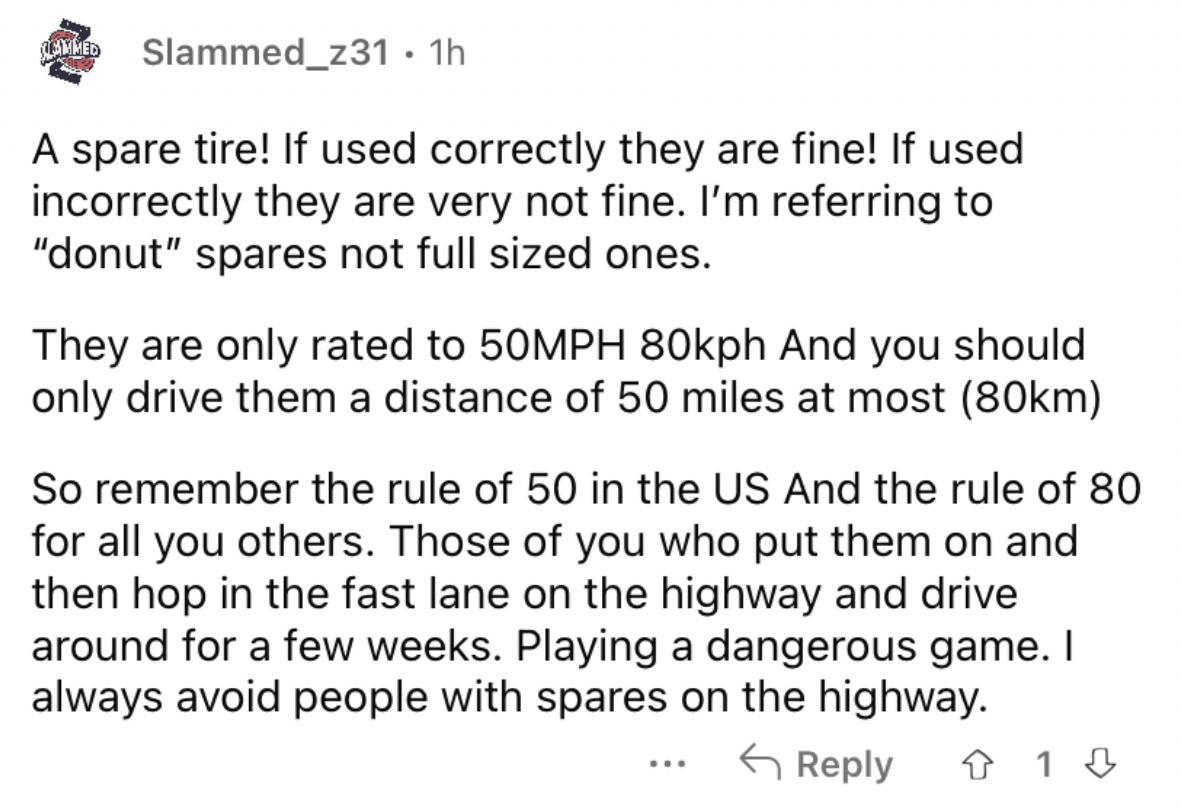 Reddit screenshot about spare tires being dangerous when mishandled.