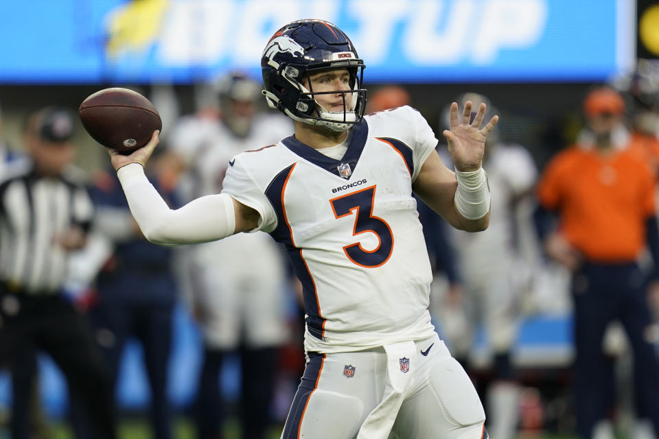 Denver Broncos quarterback Drew Lock throws during the second half of an NFL football game against the Los Angeles Chargers Sunday, Jan. 2, 2022, in Inglewood, Calif. (AP Photo/Ashley Landis)