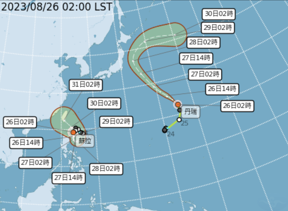 氣象局指出，蘇拉颱風凌晨2時已增強為中度颱風，有可能在周二、周三發布海上警報，周三、周四最靠近台灣，不排除登陸。（圖取自中央氣象局）