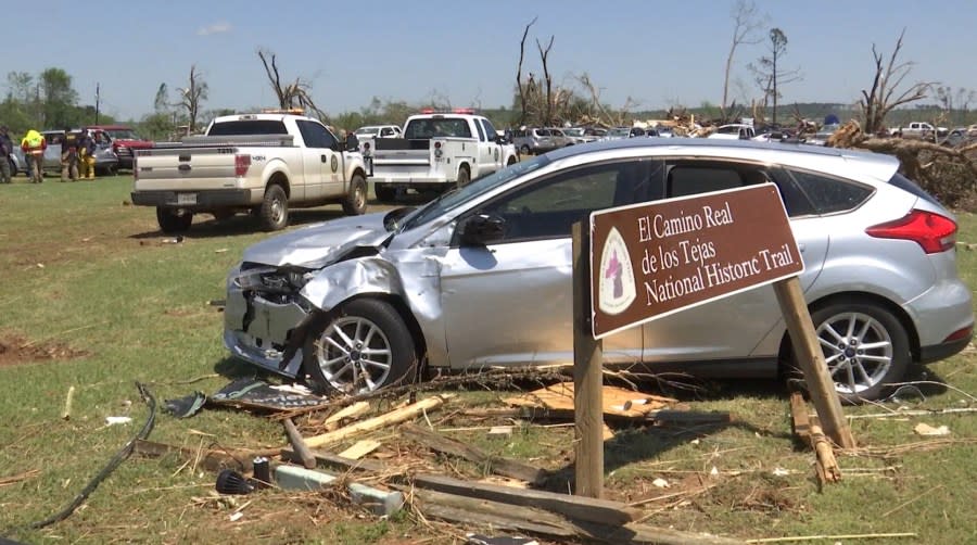 Photos of the aftermath of the tornado at the Caddo Mounds State Historic Site in 2019