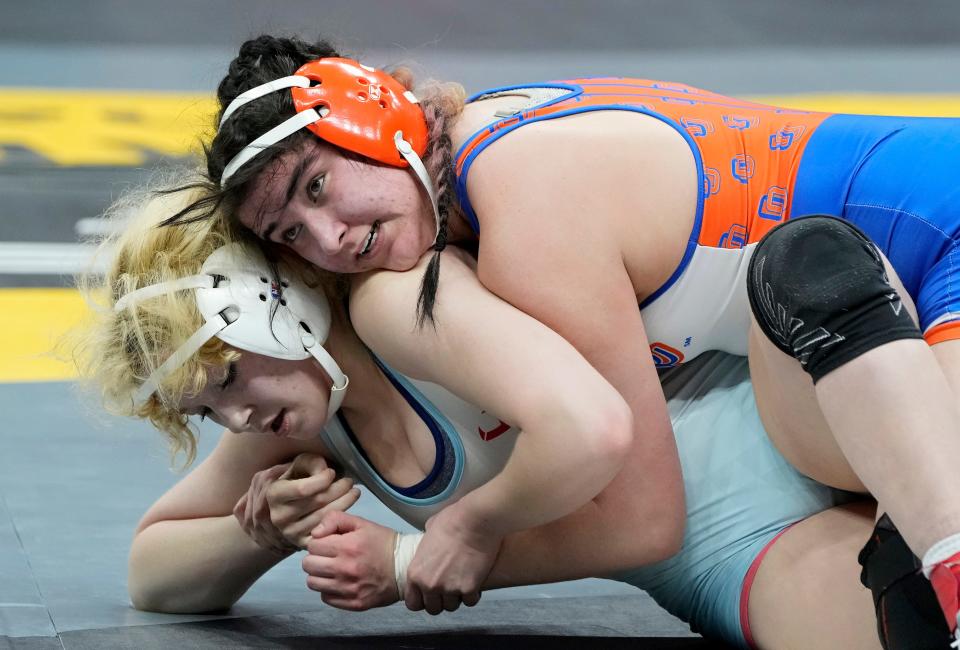 Olentangy Orange's Kascidy Garren competes at the 2023 state tournament. She finished fifth at 170 pounds while competing with injuries to both knees.