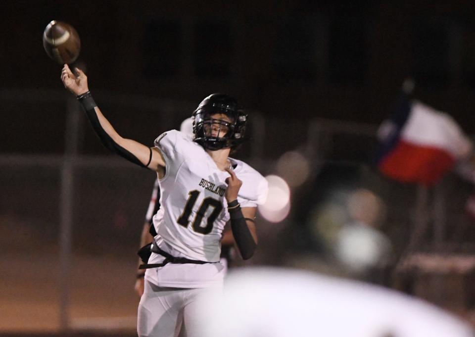 Bushland's Dawson Jaco throws the ball against Muleshoe in a District 2-3A football game, Friday, Oct. 6, 2023, at Benny Douglas Stadium in Muleshoe.