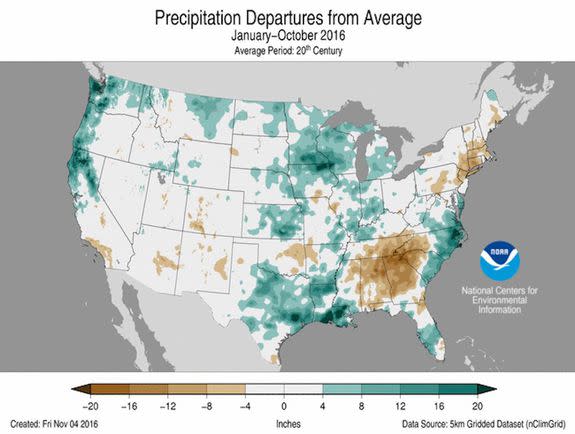 Precipitation departure from average for Jan to Oct. 2016.