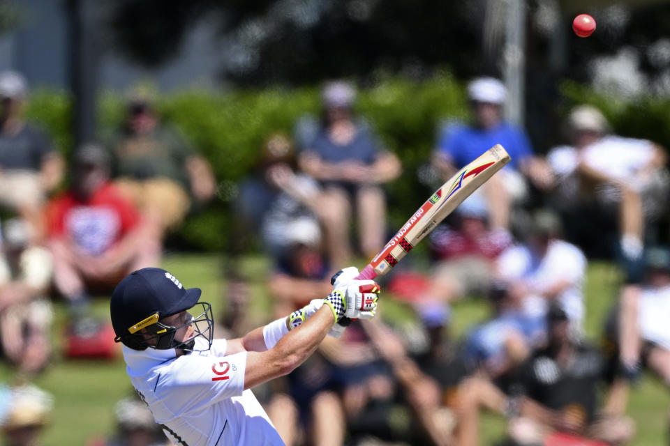 England's England's Ollie Pope bats against New Zealand on the third day of their cricket test match in Tauranga, New Zealand, Saturday, Feb. 18, 2023. (Andrew Cornaga/Photosport via AP)