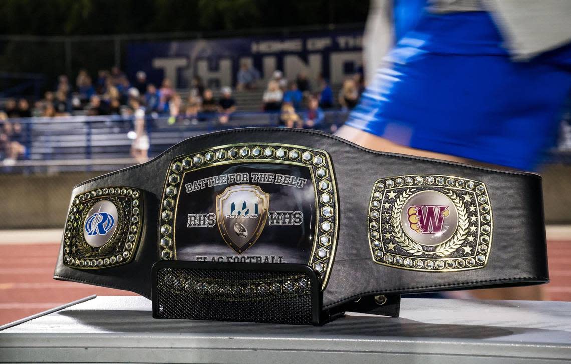 The Rocklin Thunder beat the Whitney Wildcats, 18-0, at the high school girls flag football game Thursday, Sept. 28, 2023, for the inaugural “Battle for the Belt” game. Xavier Mascareñas/xmascarenas@sacbee.com