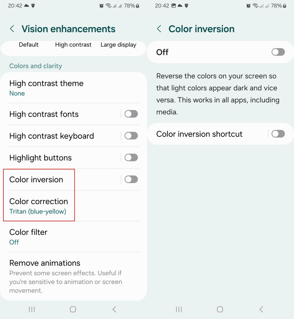 Vision enhancement options in Galaxy phone settings