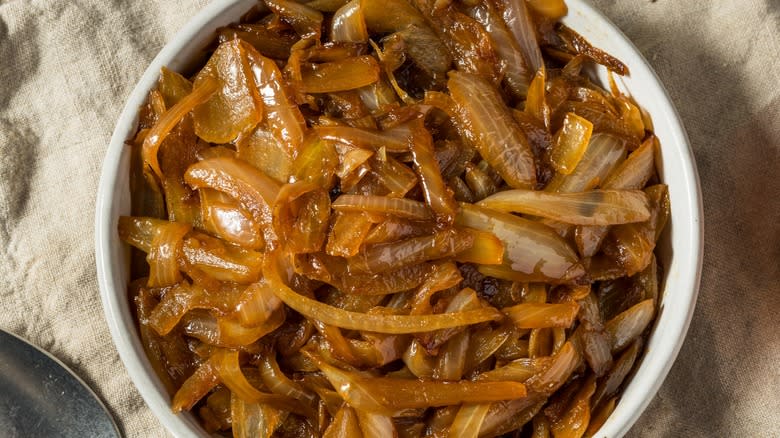 caramelized onions in white bowl