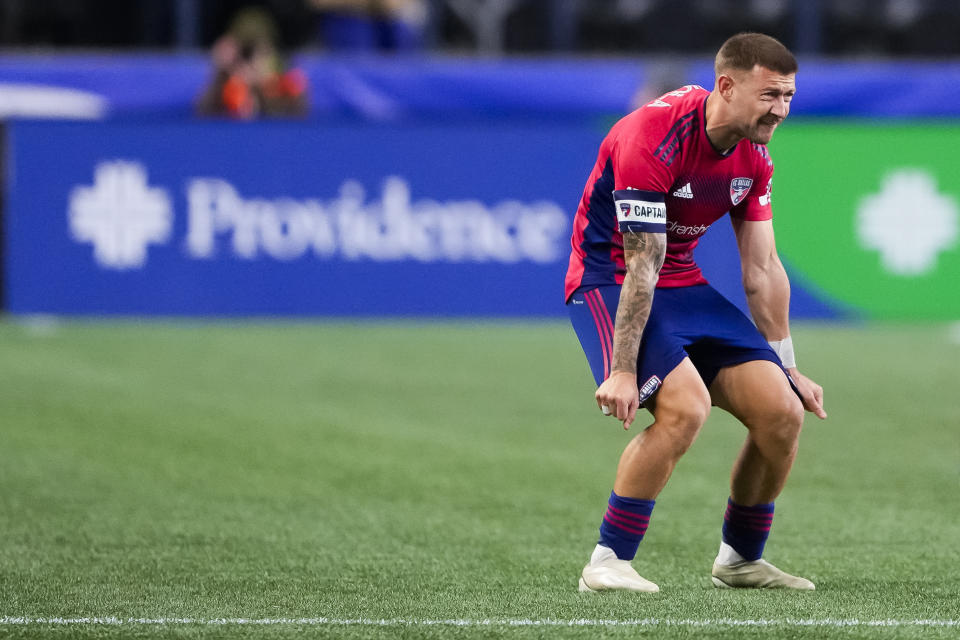 FC Dallas forward Paul Arriola pulls down his shorts after being called for a foul against Seattle Sounders forward Jordan Morris during the second half of Game 3 of a first-round MLS playoff soccer series Friday, Nov. 10, 2023, in Seattle. The Sounders won 1-0 to advance. (AP Photo/Lindsey Wasson)