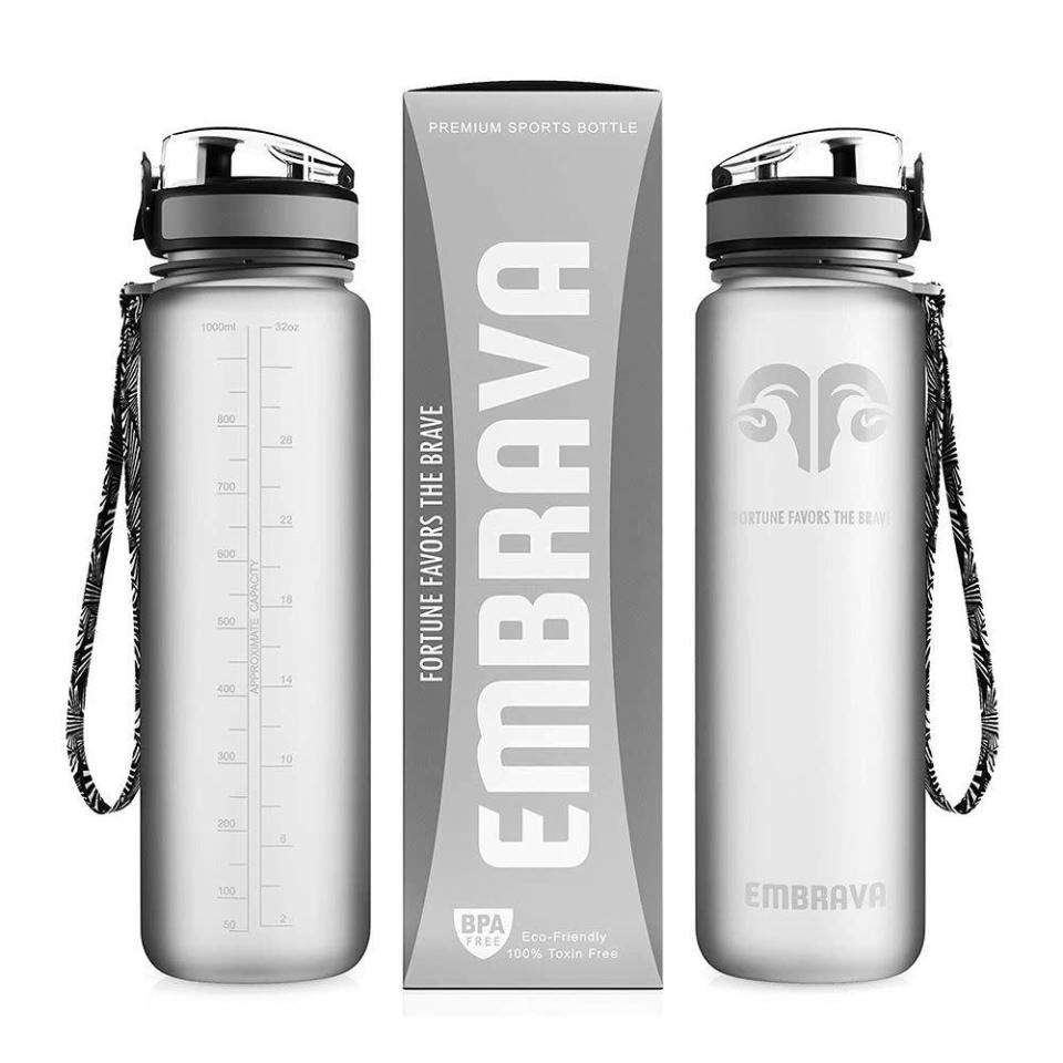 <p><strong>Embrava</strong></p><p>amazon.com</p><p><strong>$21.95</strong></p><p><a href="http://www.amazon.com/dp/B011LC85PM/?tag=syn-yahoo-20&ascsubtag=%5Bartid%7C2089.g.2195%5Bsrc%7Cyahoo-us" rel="nofollow noopener" target="_blank" data-ylk="slk:Shop Now" class="link rapid-noclick-resp">Shop Now</a></p><p>Jumping headfirst into a healthy lifestyle is ambitious and admirable, but giving up all forms of sugar cold turkey, scheduling gym sessions six days a week, and swearing off carbs is a recipe for relapse.</p><p>Start simple with smaller goals each month that add up, like pledging to drink more water. The typical recommendation is 8 glasses of 8 ounces a day, which means filling and finishing an entire Embrava bottle twice. Specifically designed for the active person, it's a nontoxic, eco-friendly accessory made in the U.S.</p>