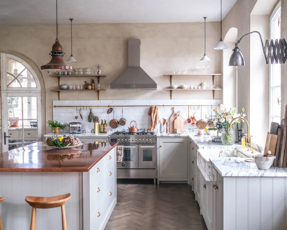 Modern rustic kitchen with wood surface and marble kitchen