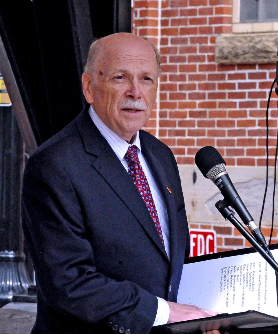 Trinity United Church of Christ Rev. Kevan Franklin addresses the people at the Good Friday service in downtown Wooster. He spoke about homelessness, putting Good Friday in a modern context.