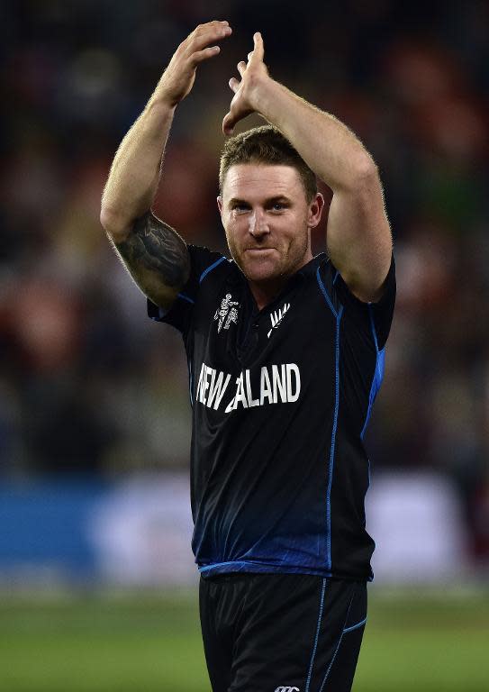 New Zealand's captain Brendon McCullum celebrates team's win in their Cricket World Cup semi-final match against South Africa, at Eden Park in Auckland, on March 24, 2015
