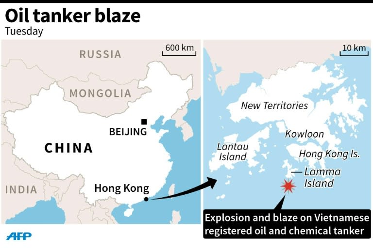 Map showing where an oil tanker exploded on Tuesday near Hong Kong