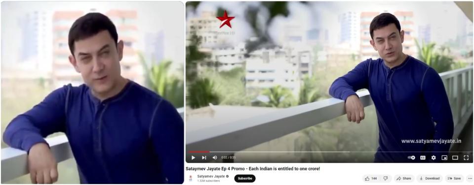 <span>Screenshot comparison of the false post video (left) and the Satyamev Jayate YouTube video (right)</span>