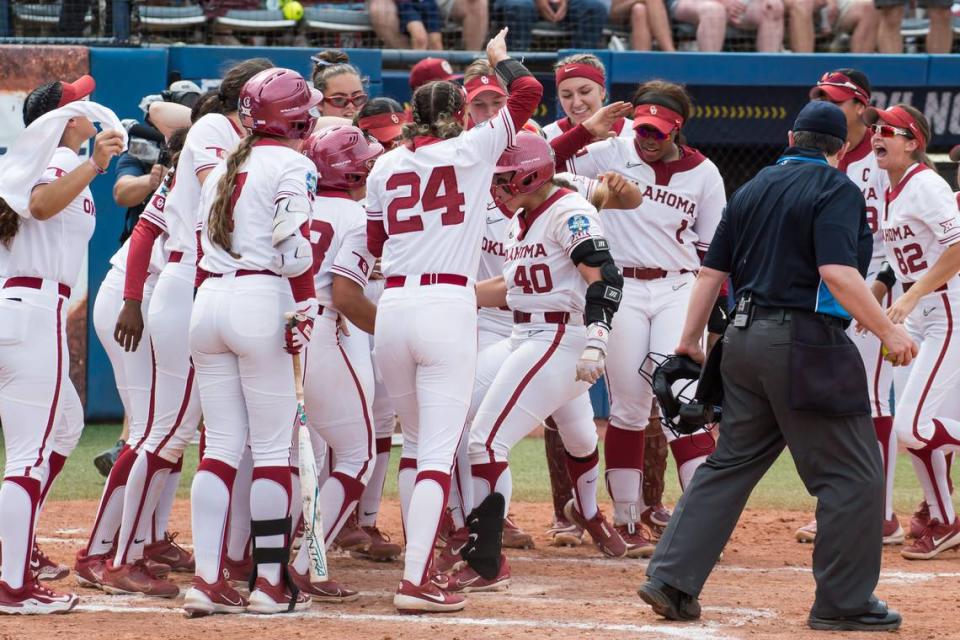 May 30, 2024; Oklahoma City, OK, USA; Oklahoma Sooners utility Alynah Torres (40) celebrates with teammates after hitting a two run home run in the third inning against the Duke Blue Devils during a Women’s College World Series softball game at Devon Park. Mandatory Credit: Brett Rojo-USA TODAY Sports