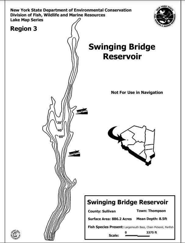 Swinging Bridge Reservoir, also known as Swinging Bridge Lake, has a surface area of 886.2 acres, according to the New York Department of Environmental Conservation.