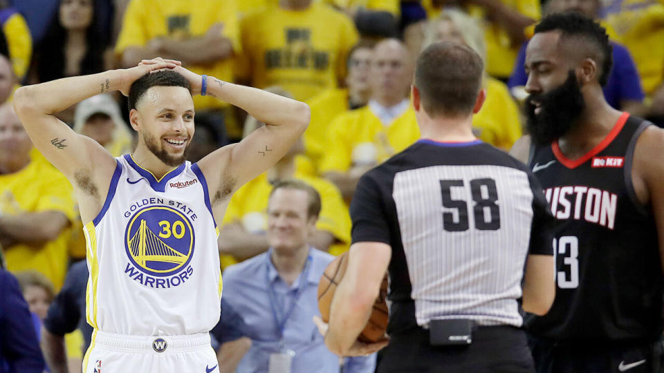 Stephen Curry reacts to a tough call against James Harden's Rockets. Pic: AAP