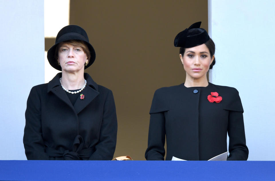 Meghan Markle watched the Remembrance Day ceremony unfold alongside the Elke Büdenbender, the wife of German president Frank-Walter Steinmeier. Photo: Getty Images