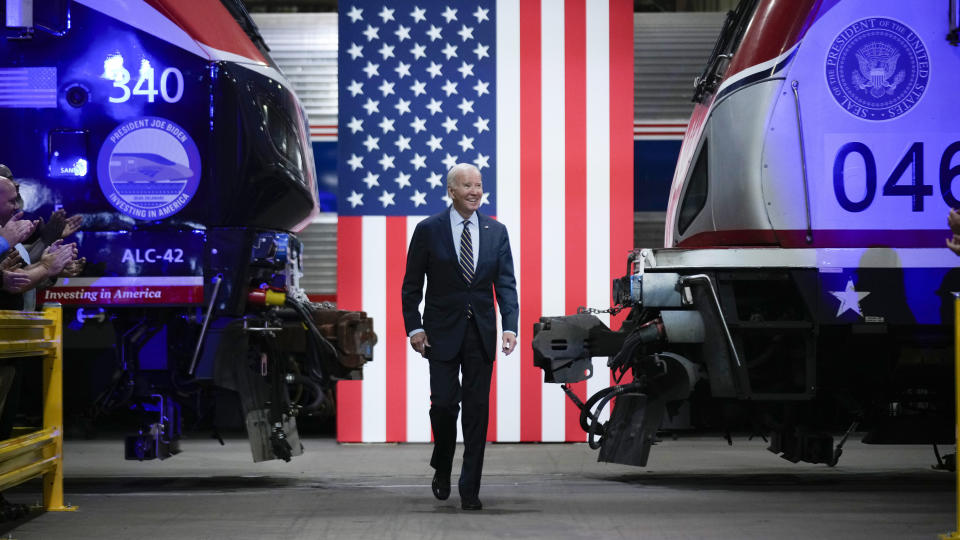 President Joe Biden arrives to speak at the Amtrak Bear Maintenance Facility, Monday, Nov. 6, 2023, in Bear, Del. (AP Photo/Andrew Harnik)