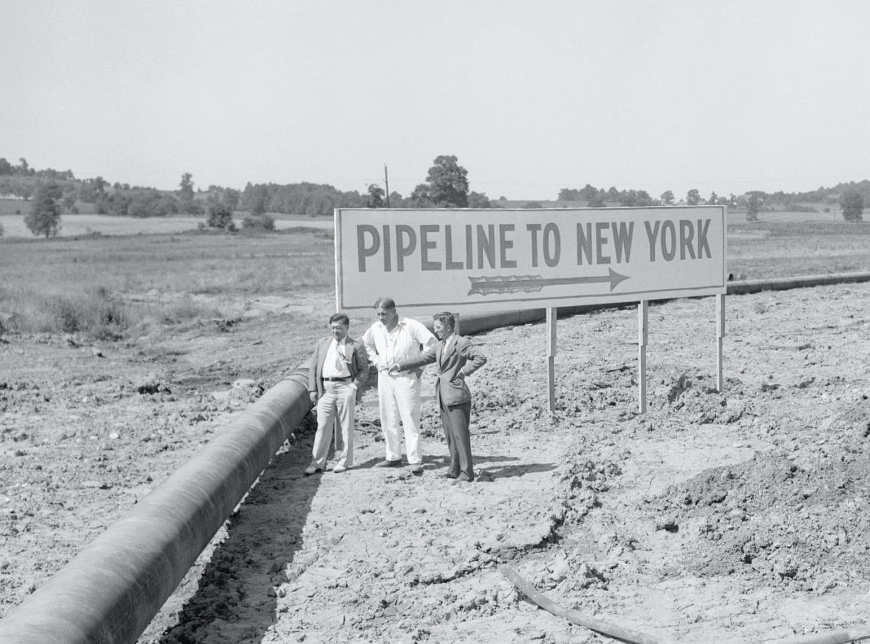 <span class="caption">The "Big Inch" oil pipeline at Phoenixville, Pennsylvania, around 1943. </span> <span class="attribution"><a class="link " href="https://www.gettyimages.com/detail/news-photo/phoenixville-pa-a-congressional-committee-was-told-that-news-photo/515185136" rel="nofollow noopener" target="_blank" data-ylk="slk:Betttman via Getty Images;elm:context_link;itc:0;sec:content-canvas">Betttman via Getty Images</a></span>