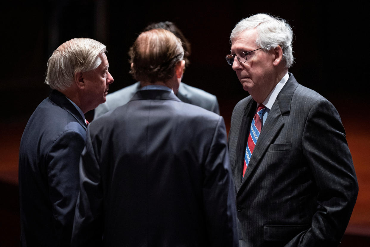 U.S. Senate Minority Leader Mitch McConnell (R-KY), Sen. Richard Blumenthal (D-CT) and Sen. Lindsey Graham (R-SC) speak as Ukrainian first lady Olena Zelenska (not pictured) meets with members of the United States Congress, on Capitol Hill in Washington, U.S., July 20, 2022. Jabin Botsford/Pool via REUTERS