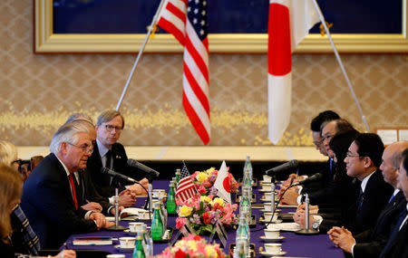 U.S. Secretary of State Rex Tillerson (L) speaks to Japan's Foreign Minister Fumio Kishida during their meeting at the foreign ministry's Iikura guest house in Tokyo, Japan, March 16, 2017. REUTERS/Toru Hanai