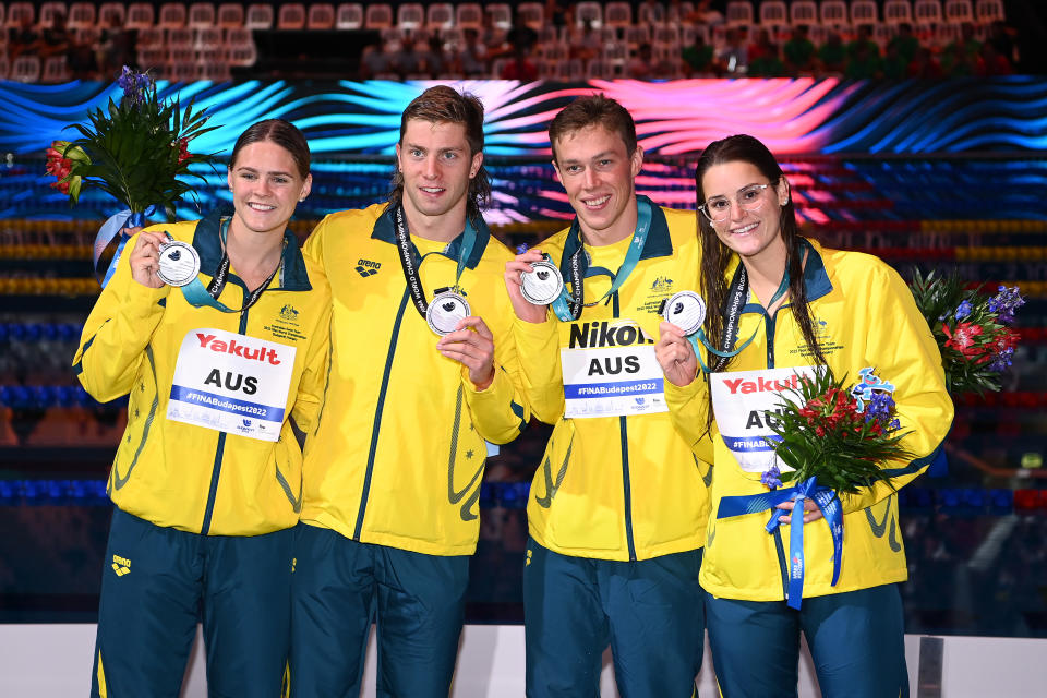 Shayna jack, Matthew Temple, Zac Stubblety-Cook and Kaylee McKeown, pictured here with their silver medals.