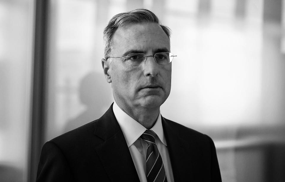 Pat Cipollone, the former WH Counsel to President Donald Trump, walks to a break room during his July 8th closed-door testimony before the House Select Committee investigating the January 6th attack on the Capitol. (Frank Thorp / NBC News)