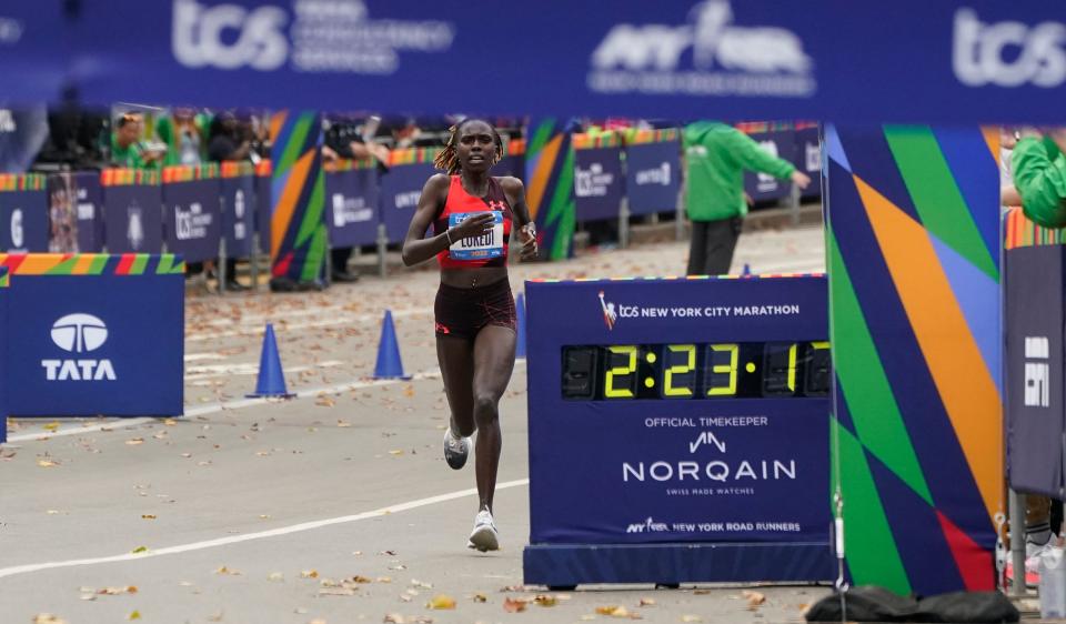 Seen here, Kenya's Sharon Lokedi winning the women's 2022 New York marathon. 