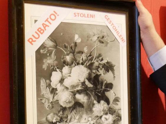 Black and white copy of 'Vase of Flowers' by Jan van Huysum at the Uffizi Gallery in Florence (EPA)