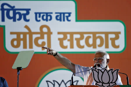 India's Prime Minister Narendra Modi addresses an election campaign rally at Ramlila ground in New Delhi, India, May 8, 2019. REUTERS/Adnan Abidi