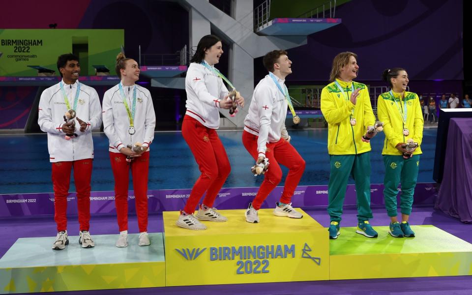 silver medalists, Lois Mae Toulson and Kyle Kothari of Team England, Gold medalists, Andrea Spendolini Sirieix and Noah Oliver Williams of Team England and Bronze medalists, Cassiel Emmanuel Rousseau and Emily Ann Boyd of Team Australia - Getty Images